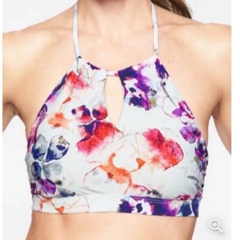 Athleta White Floral High-Neck Swim Top with Purple, Red and Orange Accents